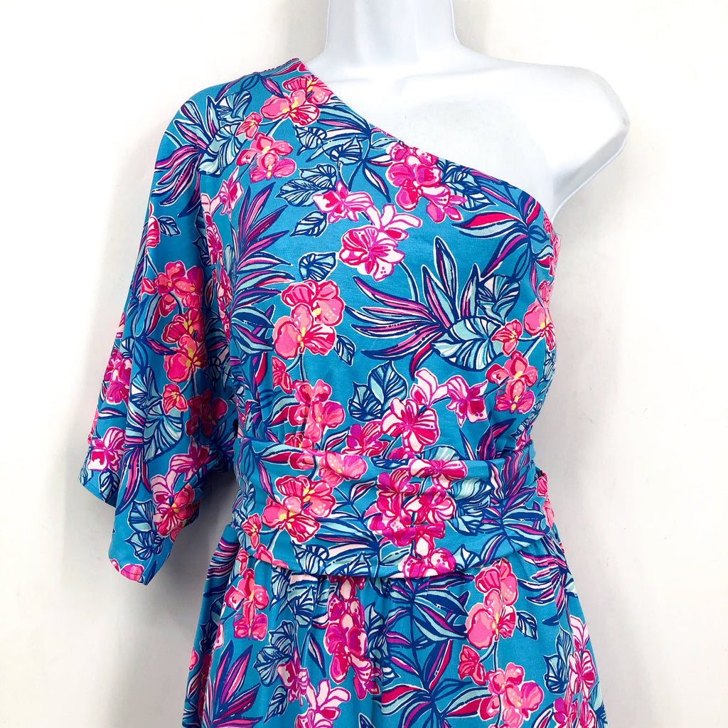 LILLY PULITZER Niki One Shoulder Romper Size 16 Cumulus Blue Orchid Oasis NWT