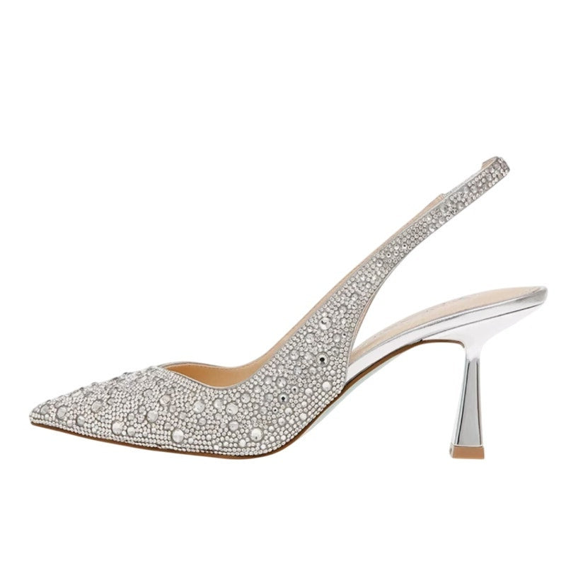 Betsey Johnson Womens Mya Pump US 8.5 M Silver Rhinestone Satin NWOB