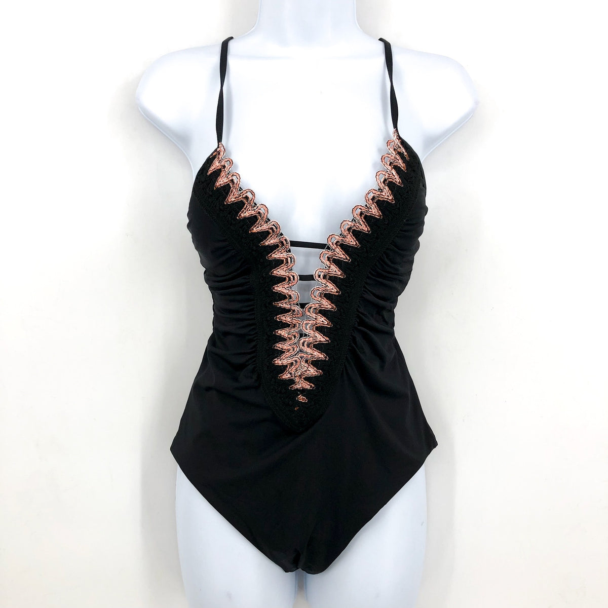 BECCA Women's Layla Plunge One-Piece Swimsuit Small Black Open Back NWT