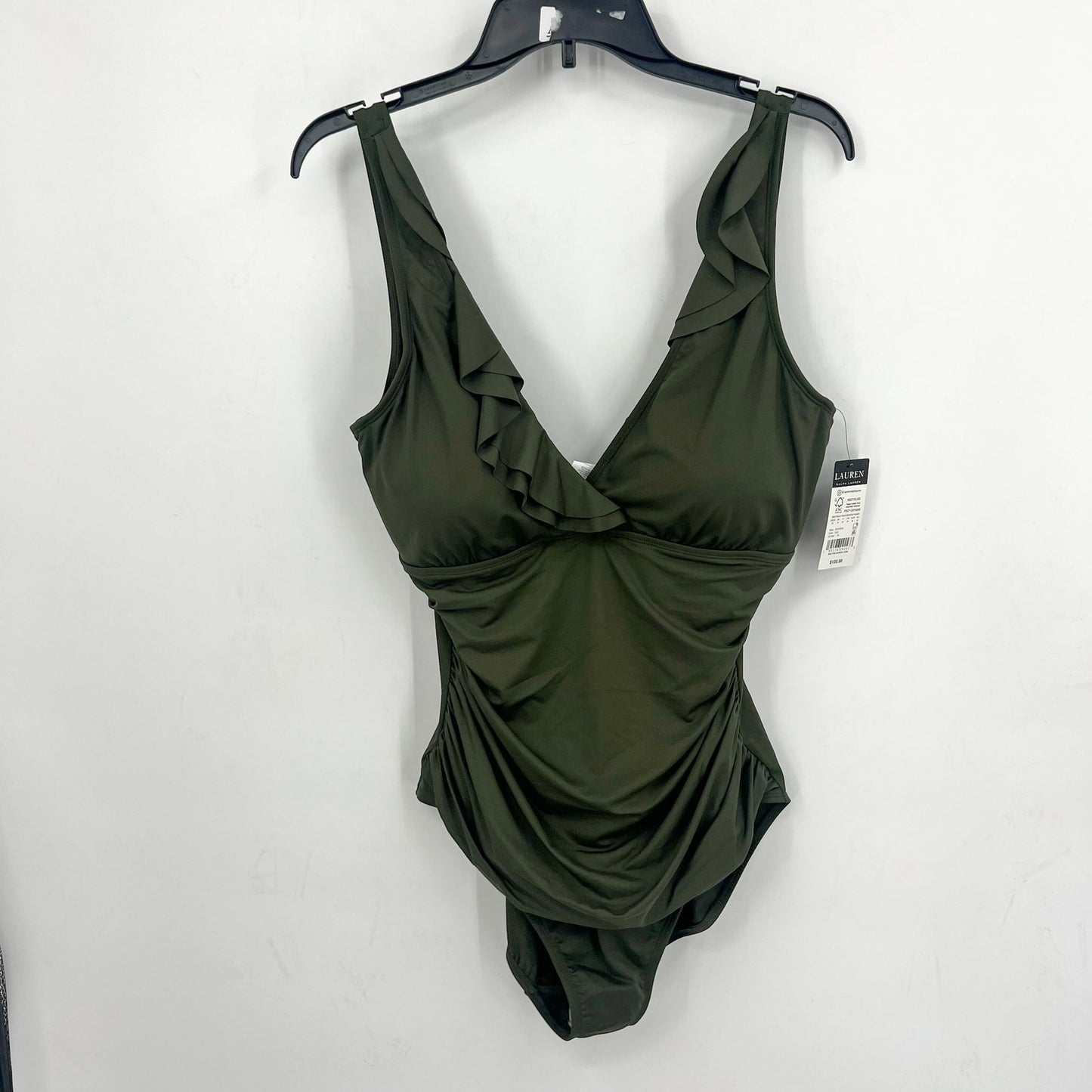 LAUREN RALPH LAUREN Beach Club Ruffle One Piece Swimsuit Size 16 Olive Green NWT