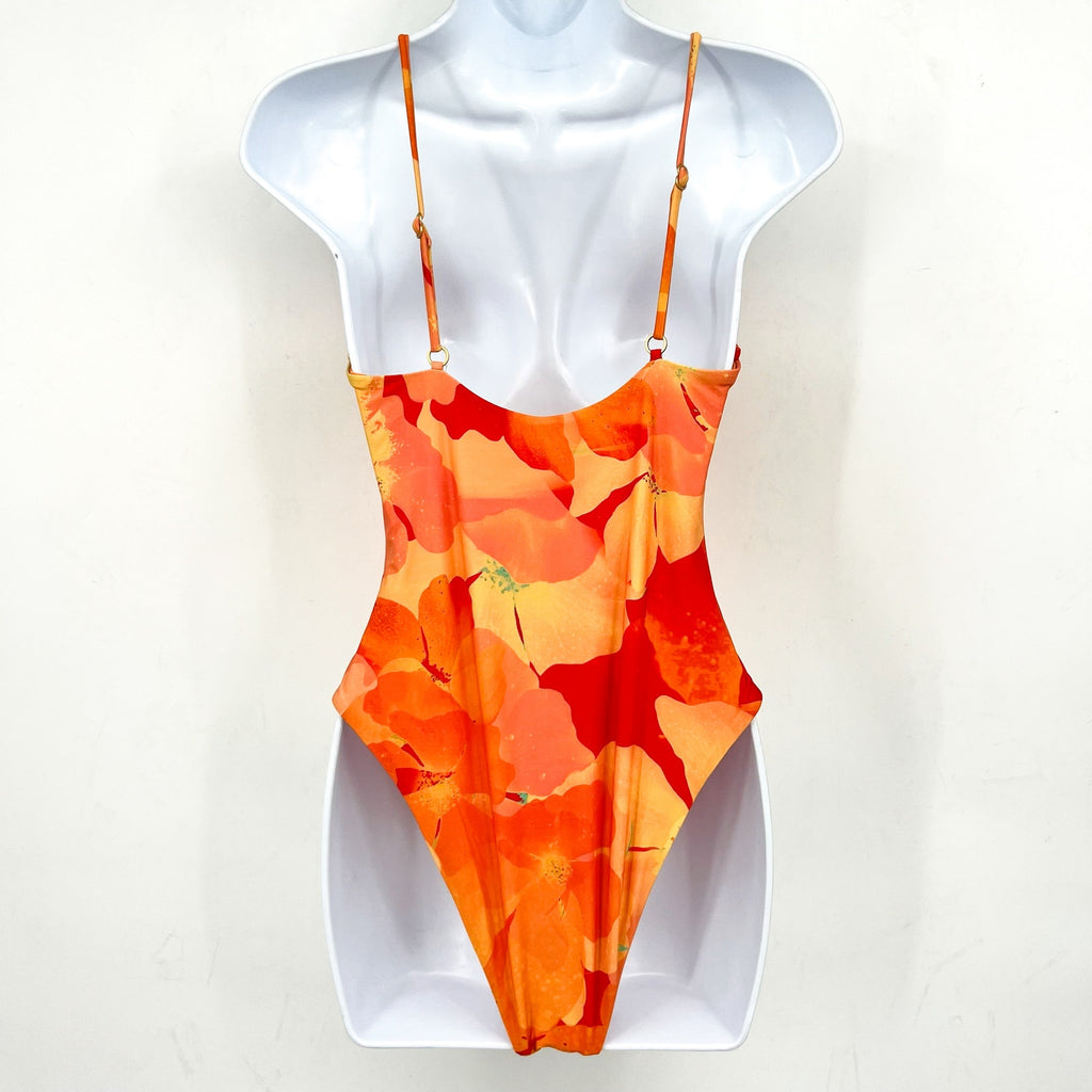 L*SPACE Piper One Piece Swimsuit Large Orange Native Poppies Floral Keyhole NWT