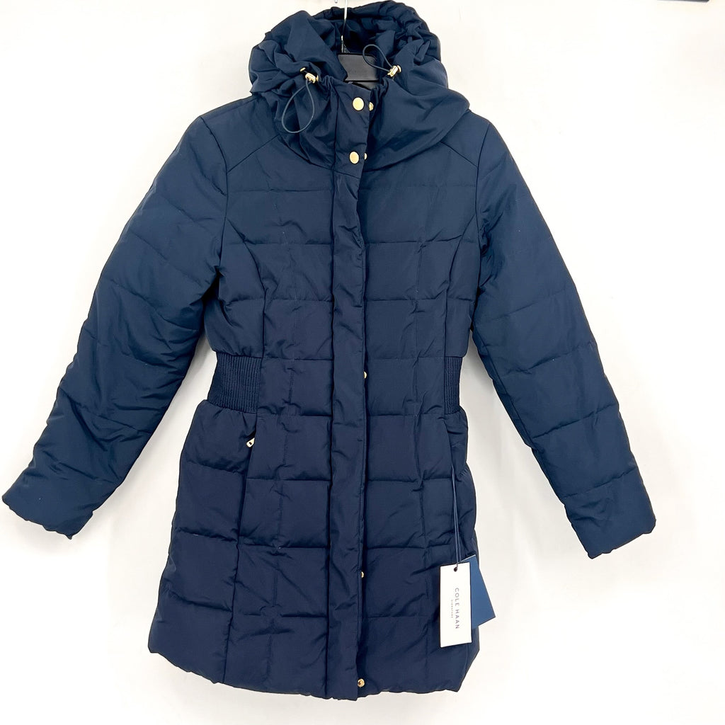 COLE HAAN Women’s Box Quilt Down Puffer Coat XS Navy Blue Hooded NWT
