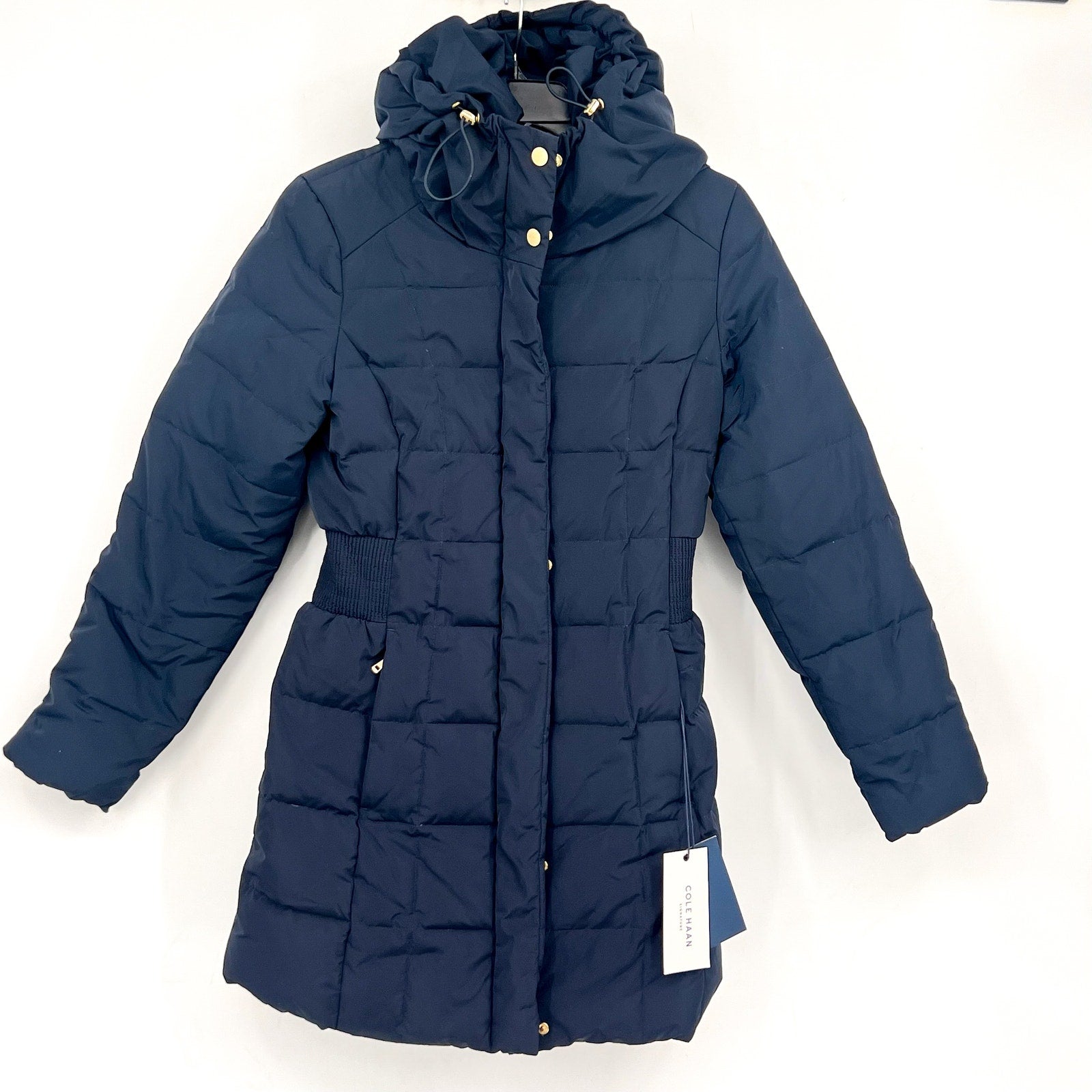 COLE HAAN Women’s Box Quilt Down Puffer Coat XS Navy Blue Hooded NWT