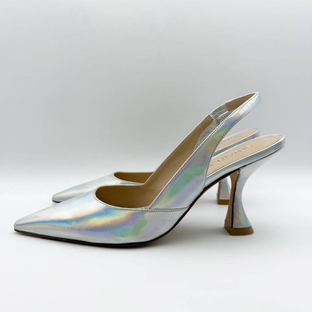 Stuart Weitzman Womens Xcurve 85 Slingback Heels Size 6.5 Silver Sling Back NWOB