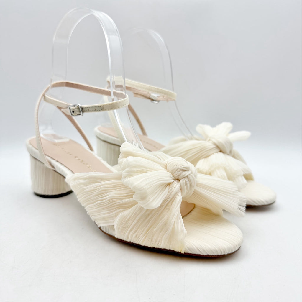 Loeffler Randall Women Dahlia Pleated Bow Heels US 6 Pearl Ivory Ankle Strap NIB