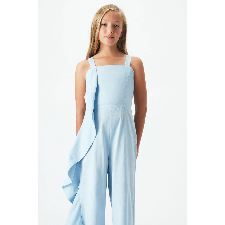 BARDOT JUNIOR Girl's Nelly Ruffle Jumpsuits 14 Sky Blue Square Neck NWT