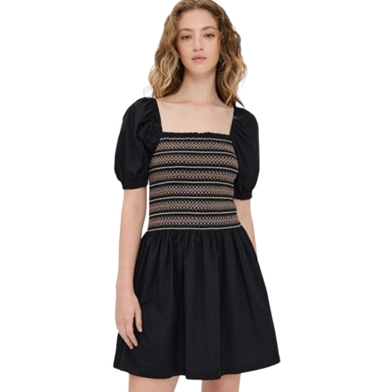 Madewell Womens Poplin Puff-Sleeve Mini Dress Small Black Smocked NU780 NWT