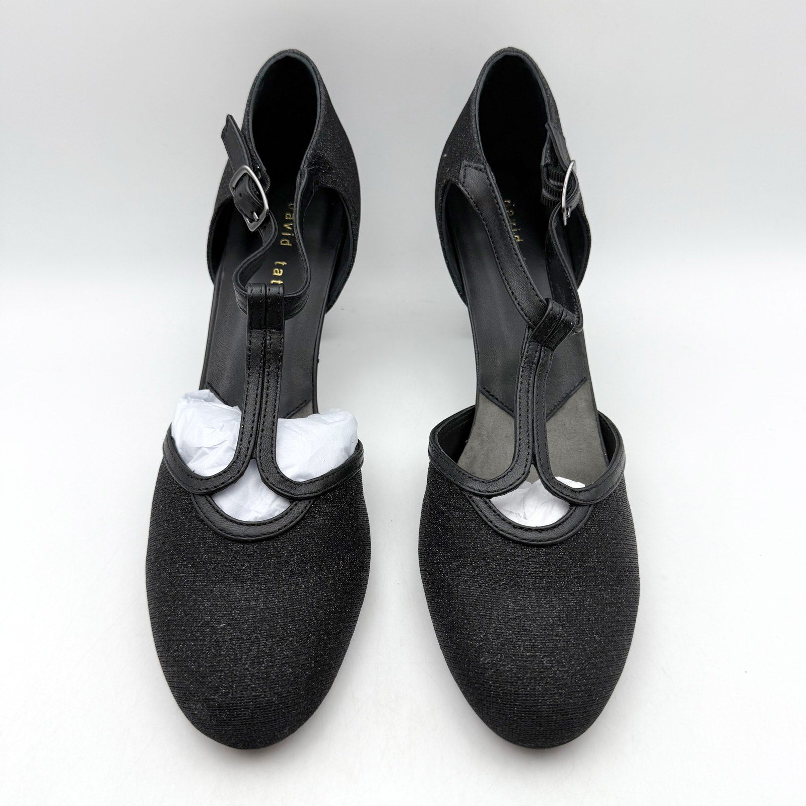 David Tate Womens Fantastic Heels 10 NARROW Black Glitter Fabric T-Strap NIB