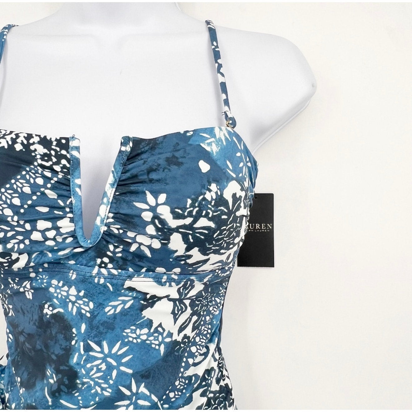LAUREN RAPLH LAUREN Women's Patchwork Tankini Top Size 8 Blue Indigo NWT