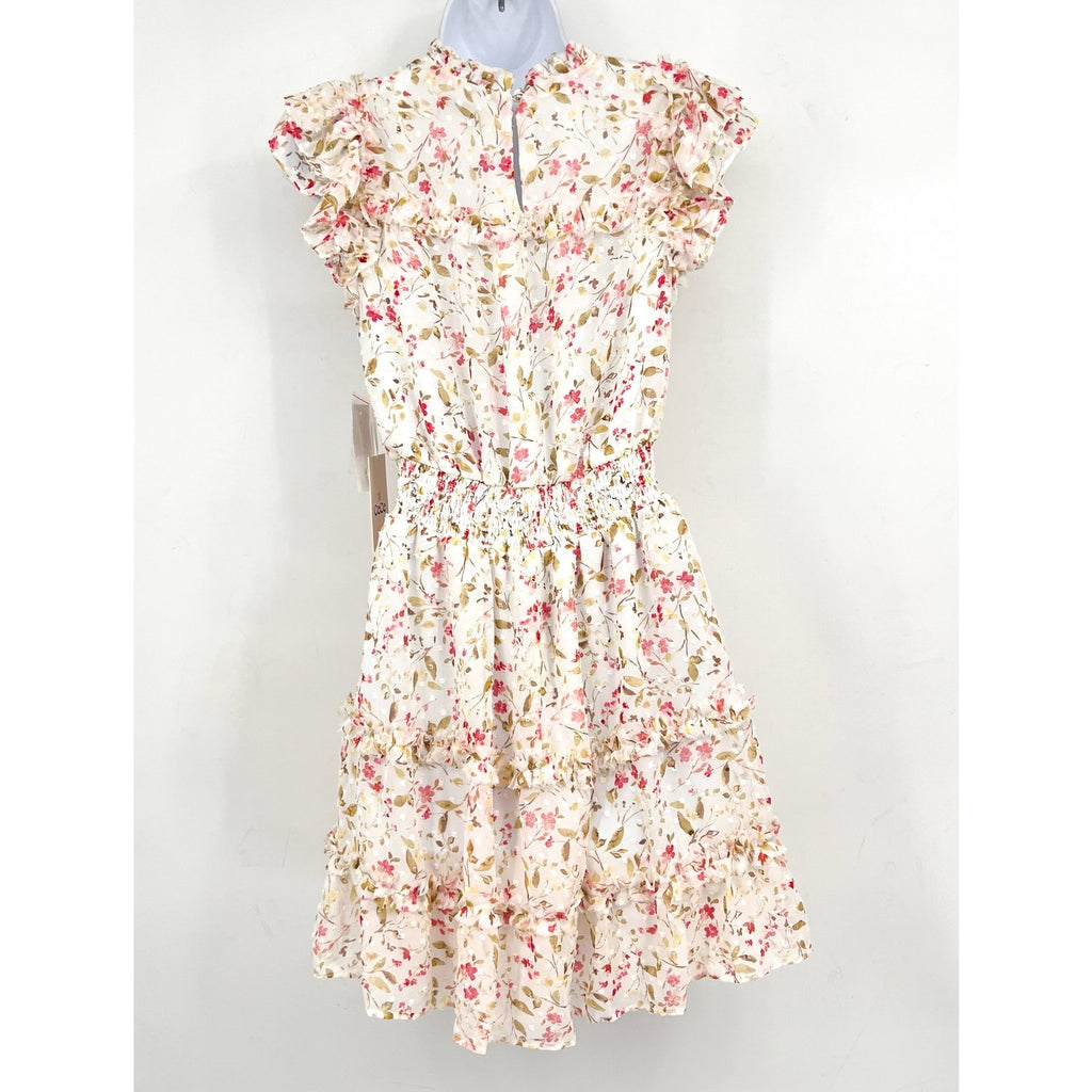CECE Women's Short Ruffle Front Dress XS White Pink Peony Floral Print NWT
