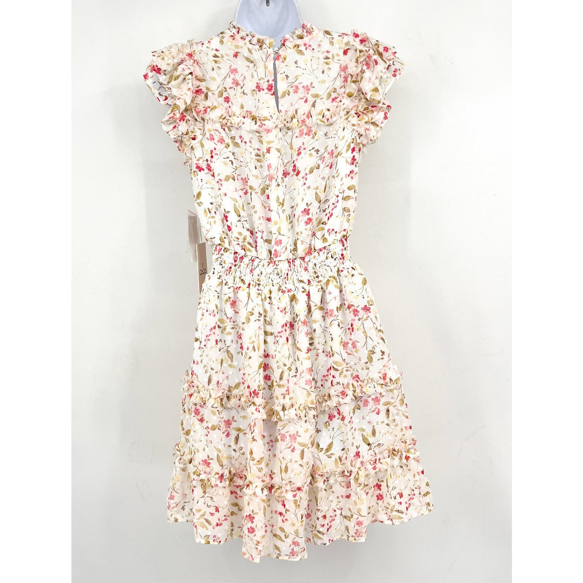 CECE Women's Short Ruffle Front Dress XS White Pink Peony Floral Print NWT
