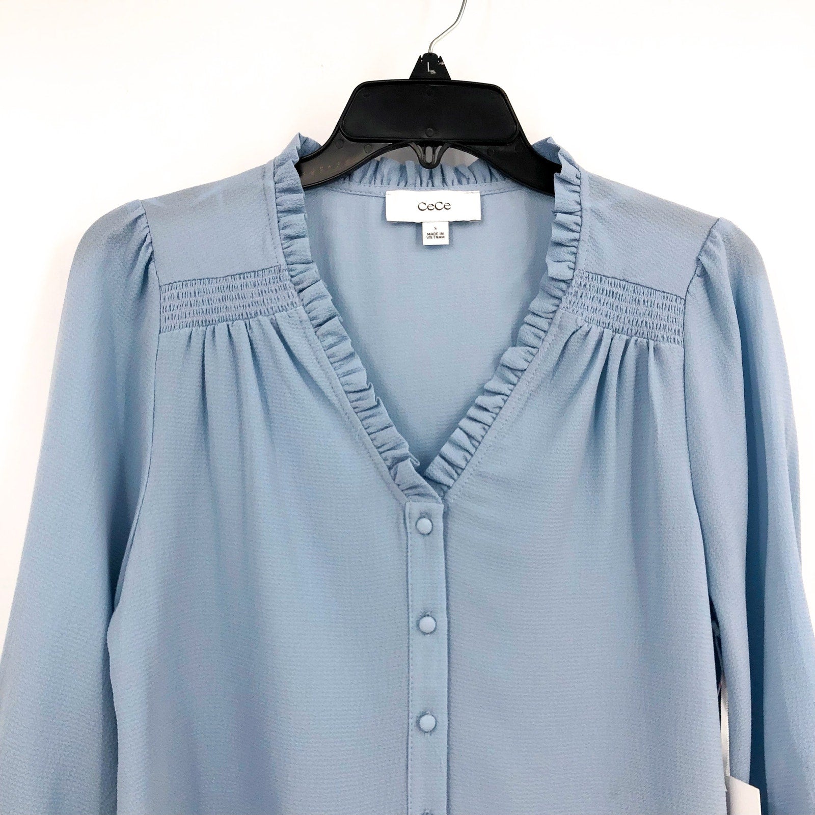 CECE Women's Ruffled Popover Blouse Small Blue Air V Neck 3/4-Sleeve NWT