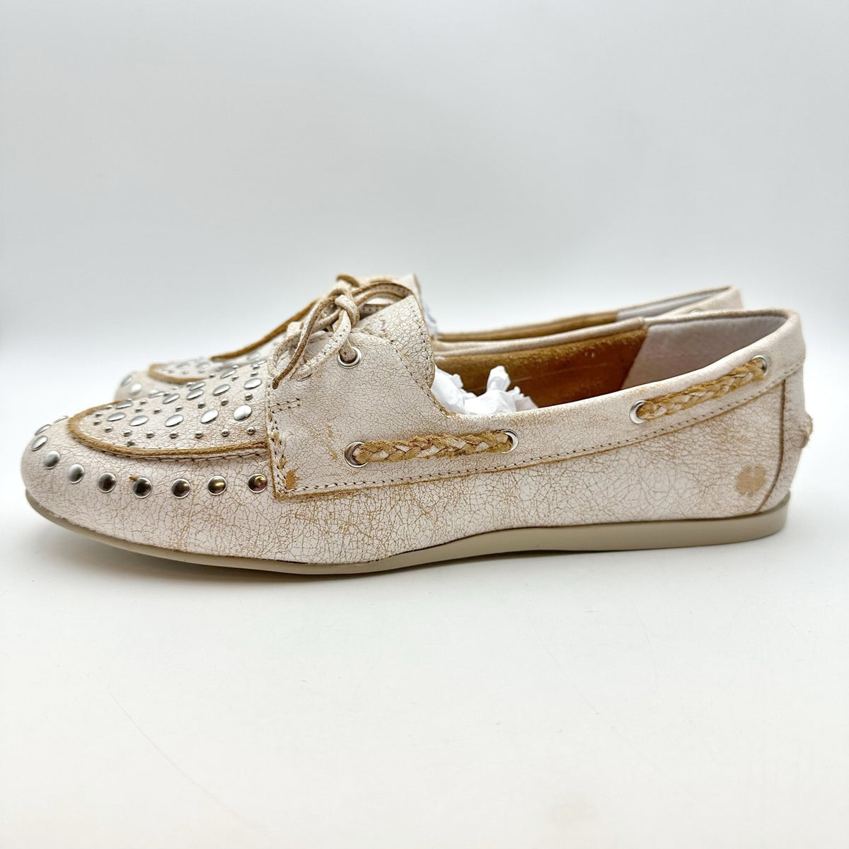 Lucky Brand Womens Timini Studded Loafers Size 9 Distressed White Leather NIB