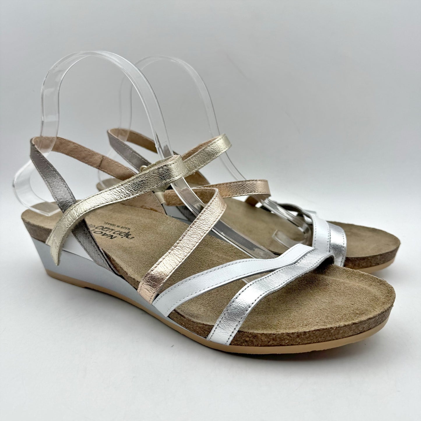 Naot Womens Hero Wedge Sandal US 11 EU 42 Silver Hook Loop Closure Leather NWOB