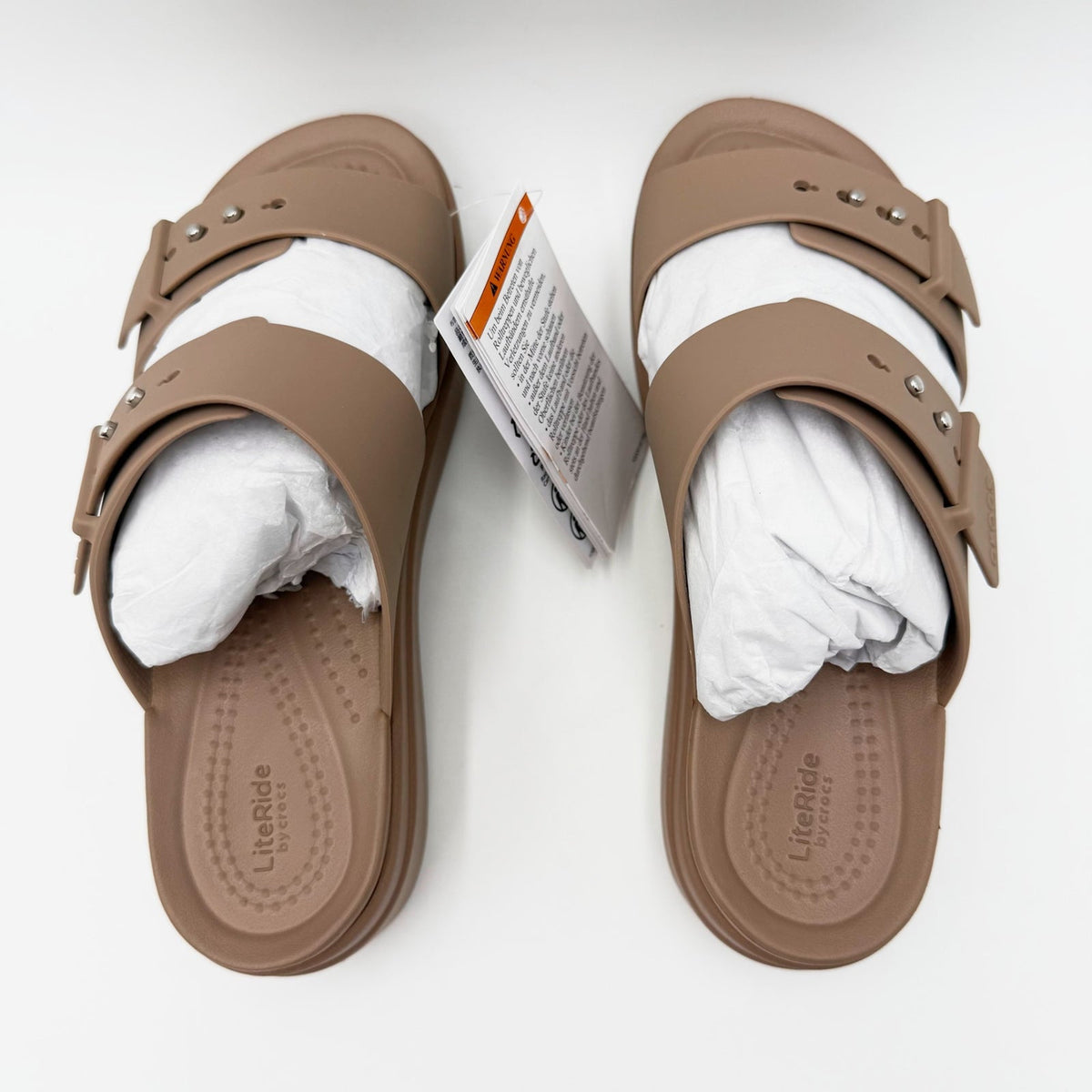 Crocs Womens Brooklyn Buckle Low Wedge Sandals Size 5 EU 34-35 Latte Brown NWT