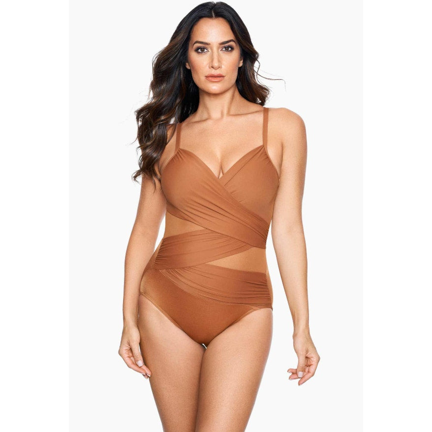 MIRACLESUIT Mystique Mesh One Piece Swimsuit Size 10 Scotch Dark Tan NWT