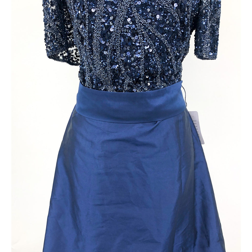 PISARRO NIGHTS Beaded Sequin Taffeta Skirt Gown 18W Navy Blue NWT