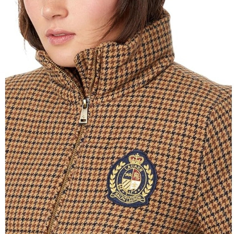 LAUREN RALPH LAUREN Womens Houndstooth Crest-Patch Puffer Coat Large Tan NWOT