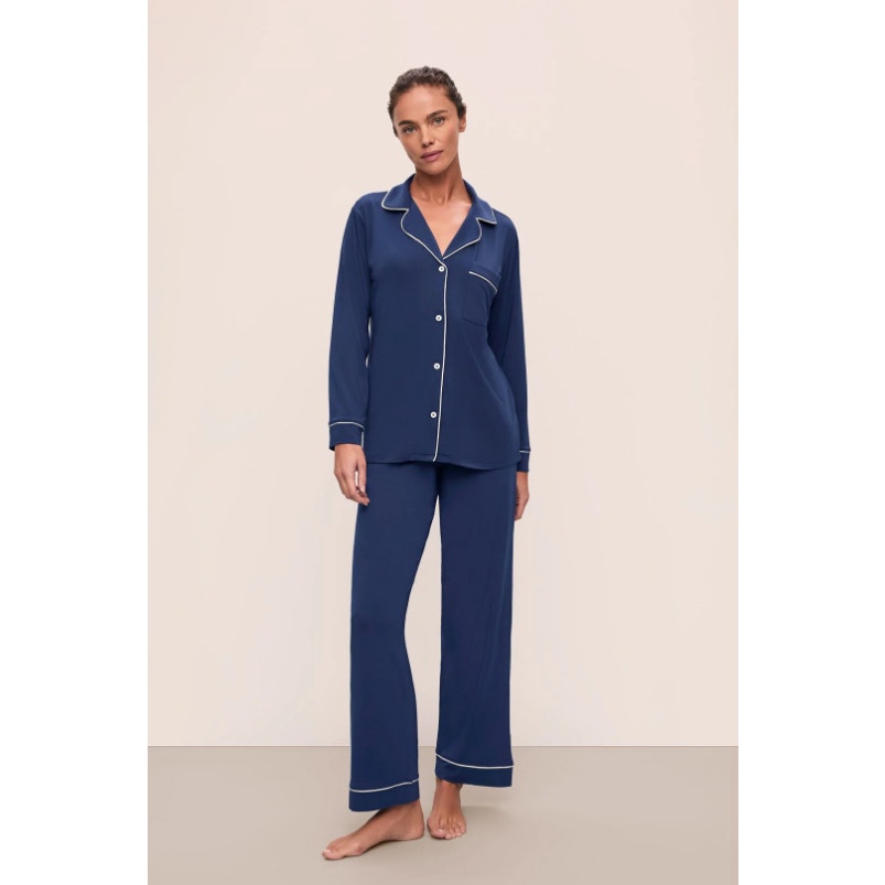 EBERJEY Women's Gisele Long PJ Set Small Navy Blue Ivory TENCEL Modal NWOT