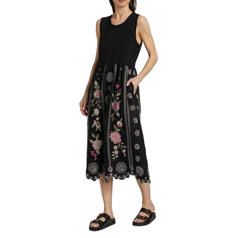 JOHNNY WAS Della Tank Midi Dress Medium Black Floral-Embroidered Linen NWT