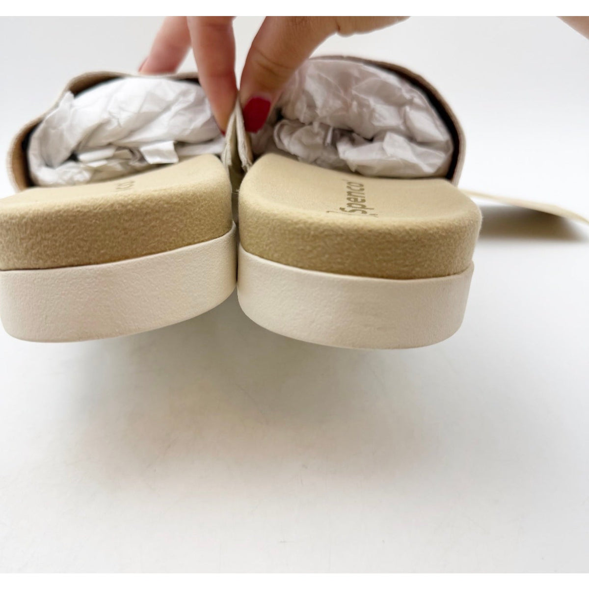 Spenco Womens Twilight Woven Slide Sandals Size 9 Wide Cream Almond Buff Tan NIB
