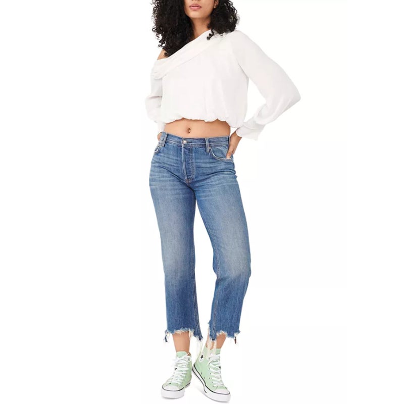 WE THE FREE BY FP Maggie Straight-Leg Jeans Size 24 Blue Raw Hem Mid-Rise NWOT