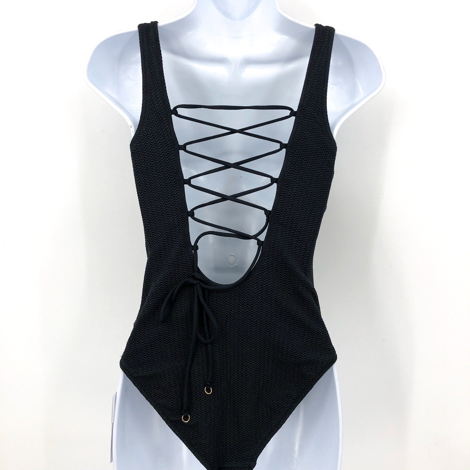 SEAFOLLY Sea Dive High Neck One Piece Swimsuit Size 8 Black Lace Back NWT