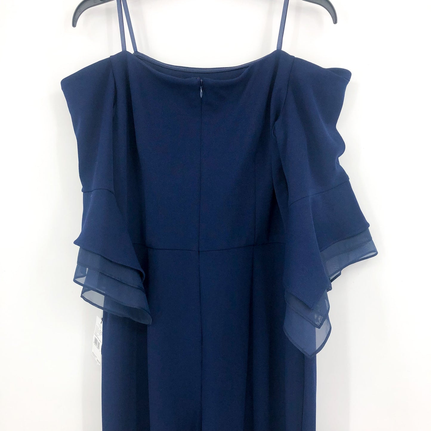 ADRIANNA PAPELL Organza Crepe Jumpsuit Size 14 Navy Blue Satin Off Shoulder NWT