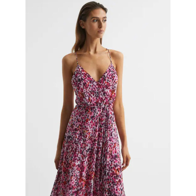 REISS Women's Pippa Floral Printed Midi Dress Size 12 Pink Sleeveless NWT