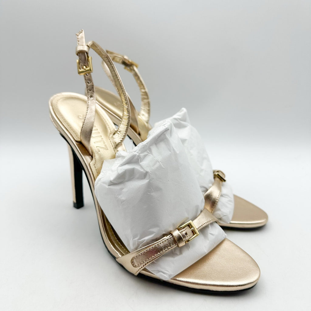 SCHUTZ Womens Aurora Sling Heeled Sandals Size 7.5 Platina Gold Stiletto NWOB