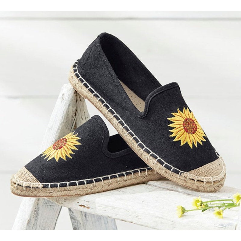 Coldwater Creek Womens Espadrille Flats 8.5 Wide Black Canvas Sunflower NIB
