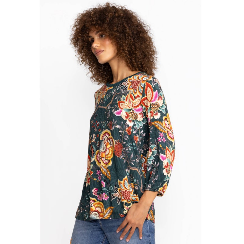 JOHNNY WAS The Janie Favorite Puff Sleeve Knit Tee Medium Green/Multi NWT