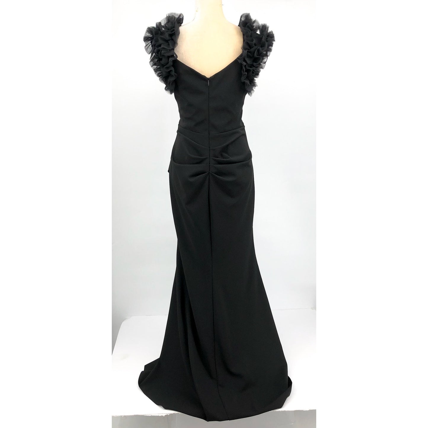 AQUA FORMAL Women's Long Scuba Crepe Dress Size 10 Black Ruffle Shoulder NWT