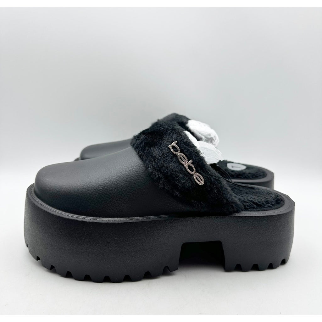BEBE Women's Platform Slides Size 7 Black Faux Fur Collar Rhinestone Logo NWOB