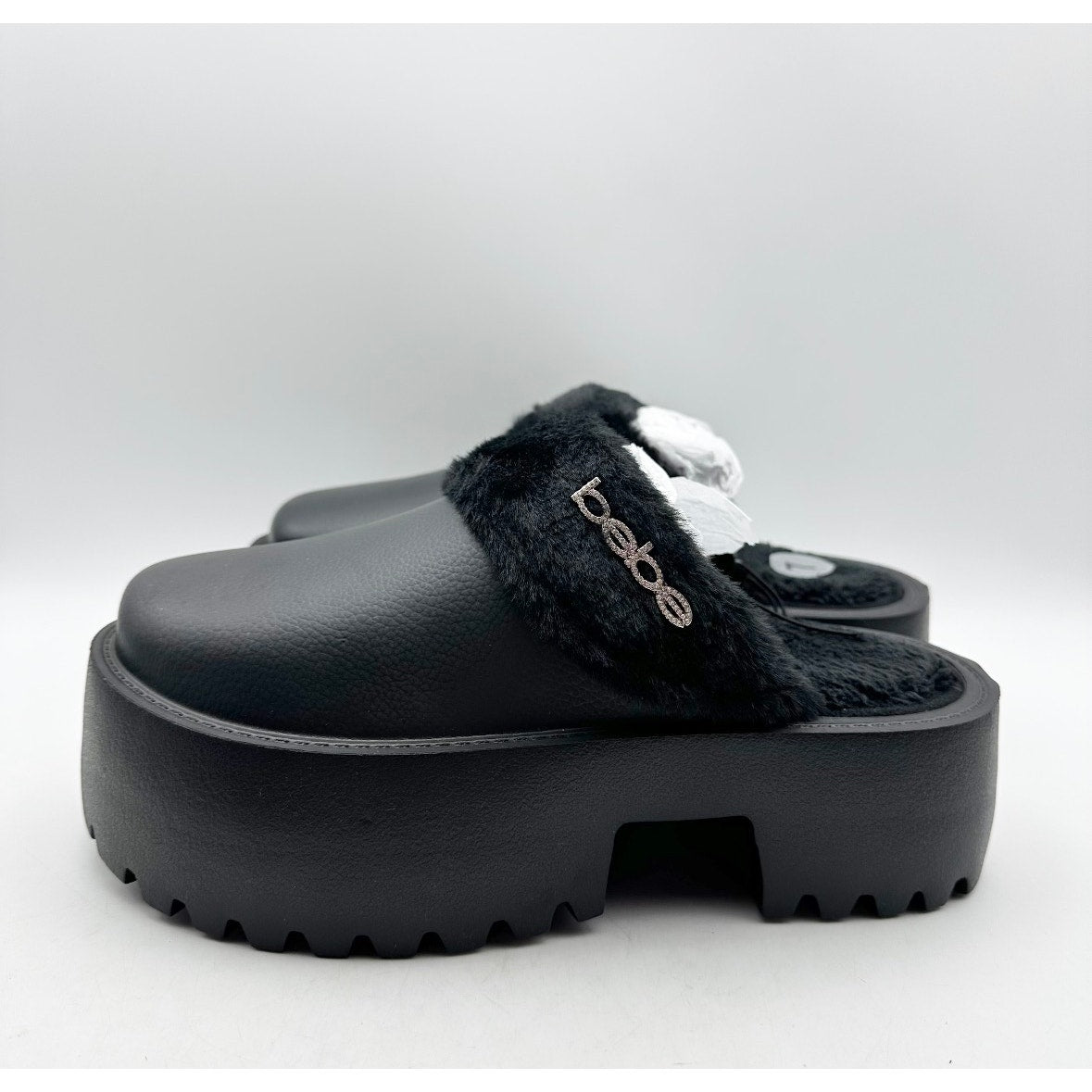 BEBE Women's Platform Slides Size 7 Black Faux Fur Collar Rhinestone Logo NWOB