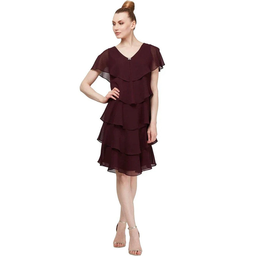 SLNY Tiered V Neck Capelet Dress Size 10 Dark Purple Fig Chiffon NWT