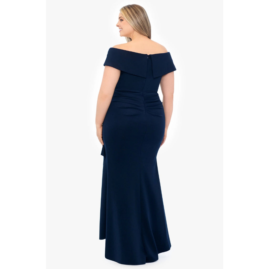 XSCAPE Patti Off the Shoulder Scuba Crepe Dress SIZE 14 Blue Midnight Gown NWT