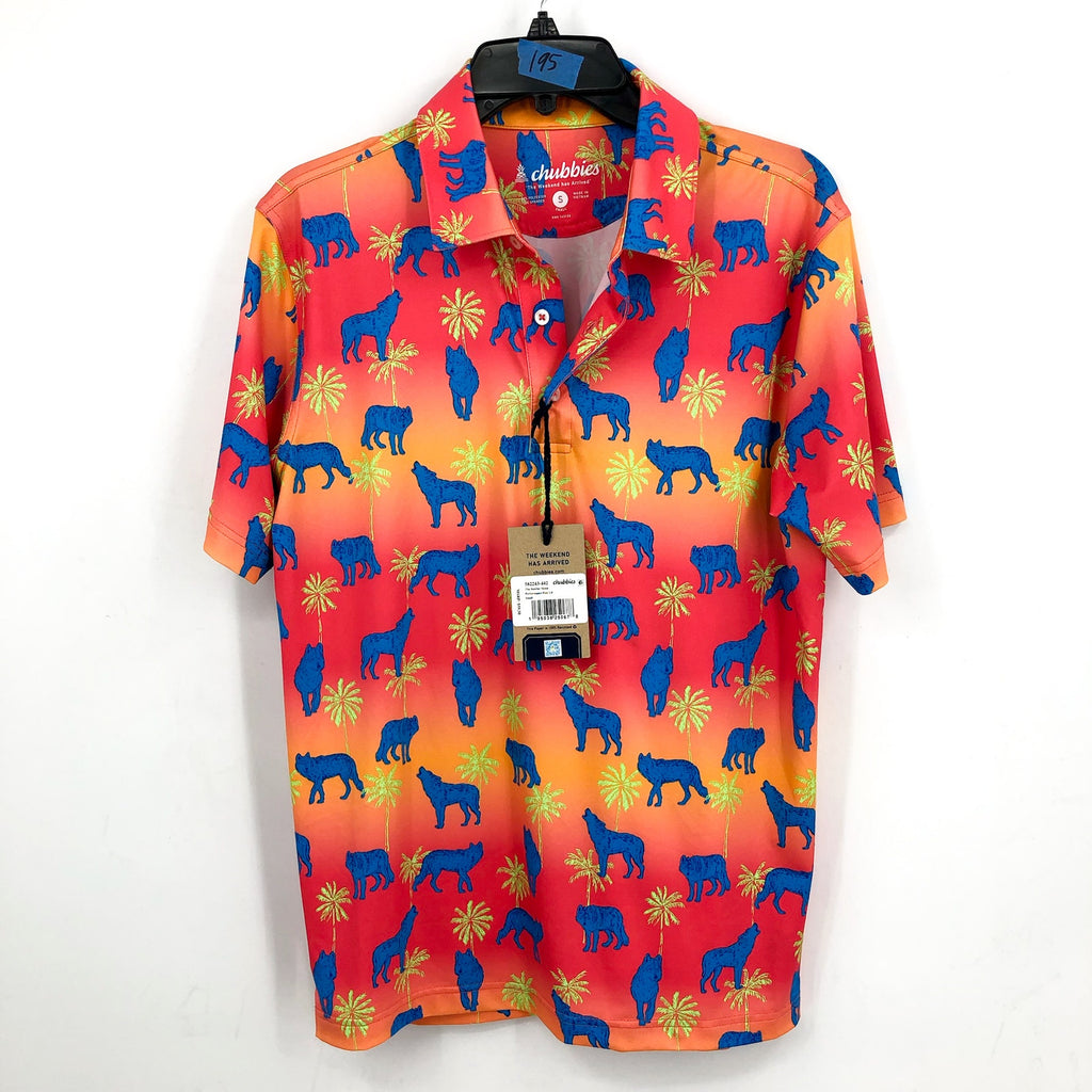 CHUBBIES Mens Howler Moon Performance Polo Shirt 2.0 Small Pink Yellow Multi NWT