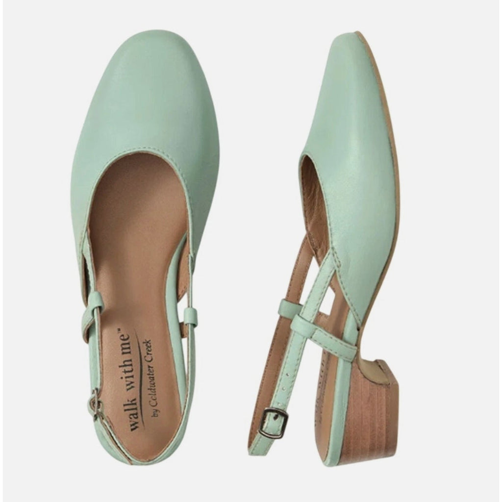 Coldwater Creek Womens Josie 2 Slingback Heels Size 8 WIDE Sea Green Leather NIB