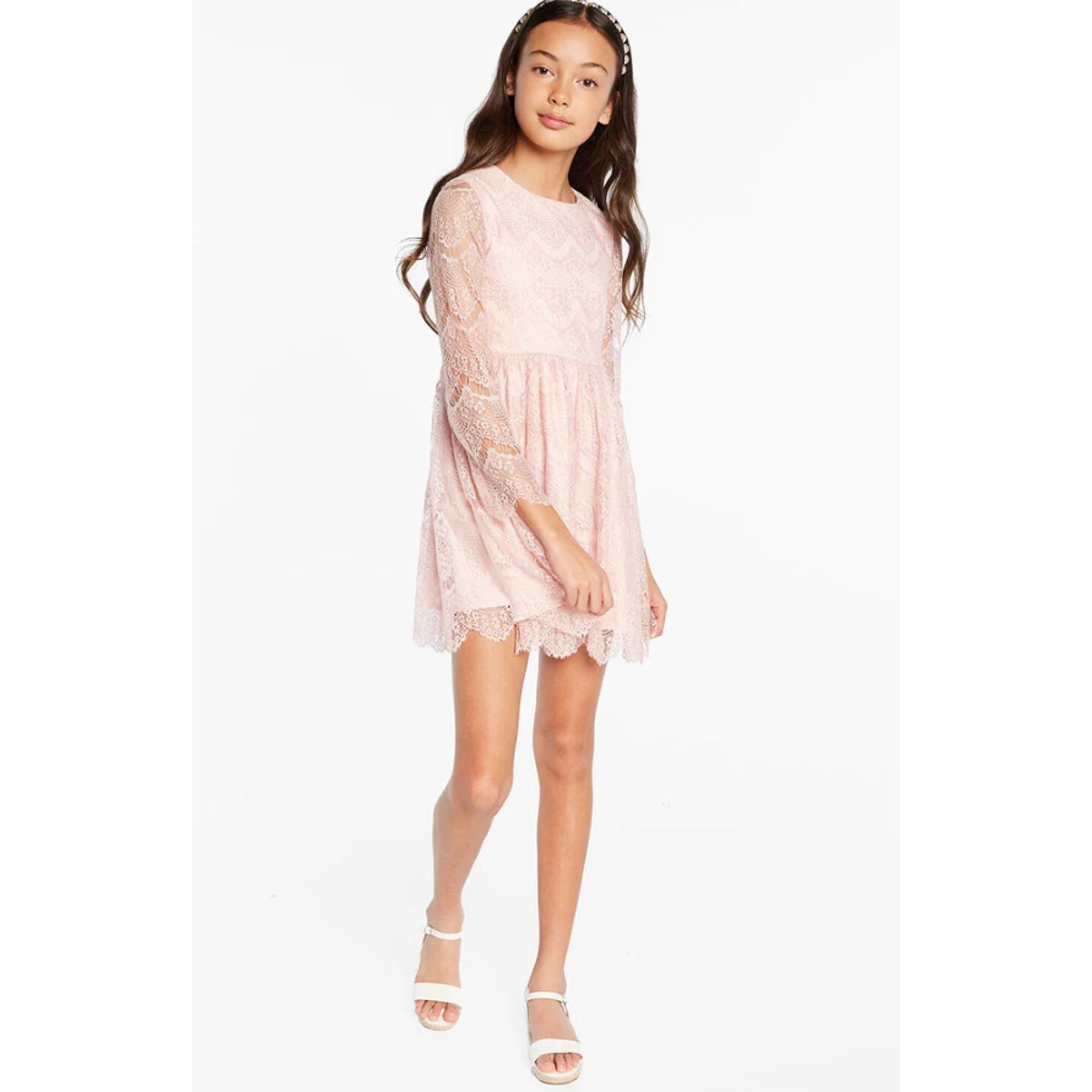 BARDOT JUNIOR Girl Gertrude Lace Dress Size 14 Pink Potpourri Long Sleeve NWT