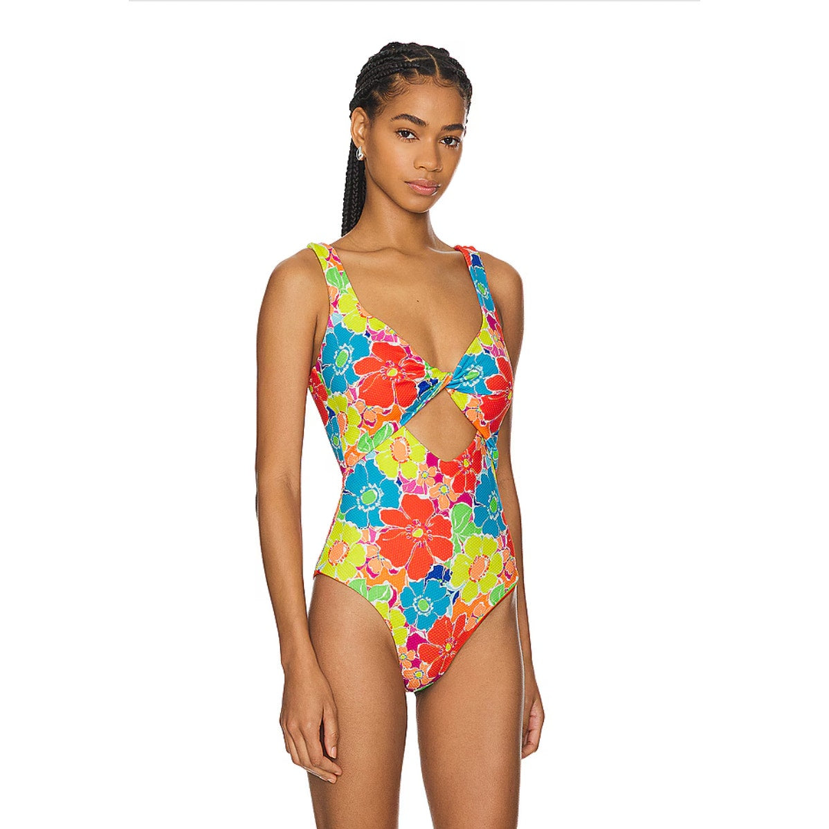 BEACH RIOT Tyler One Piece Swimsuit Large Yellow Neon Blooms Waffle Cut Out NWT