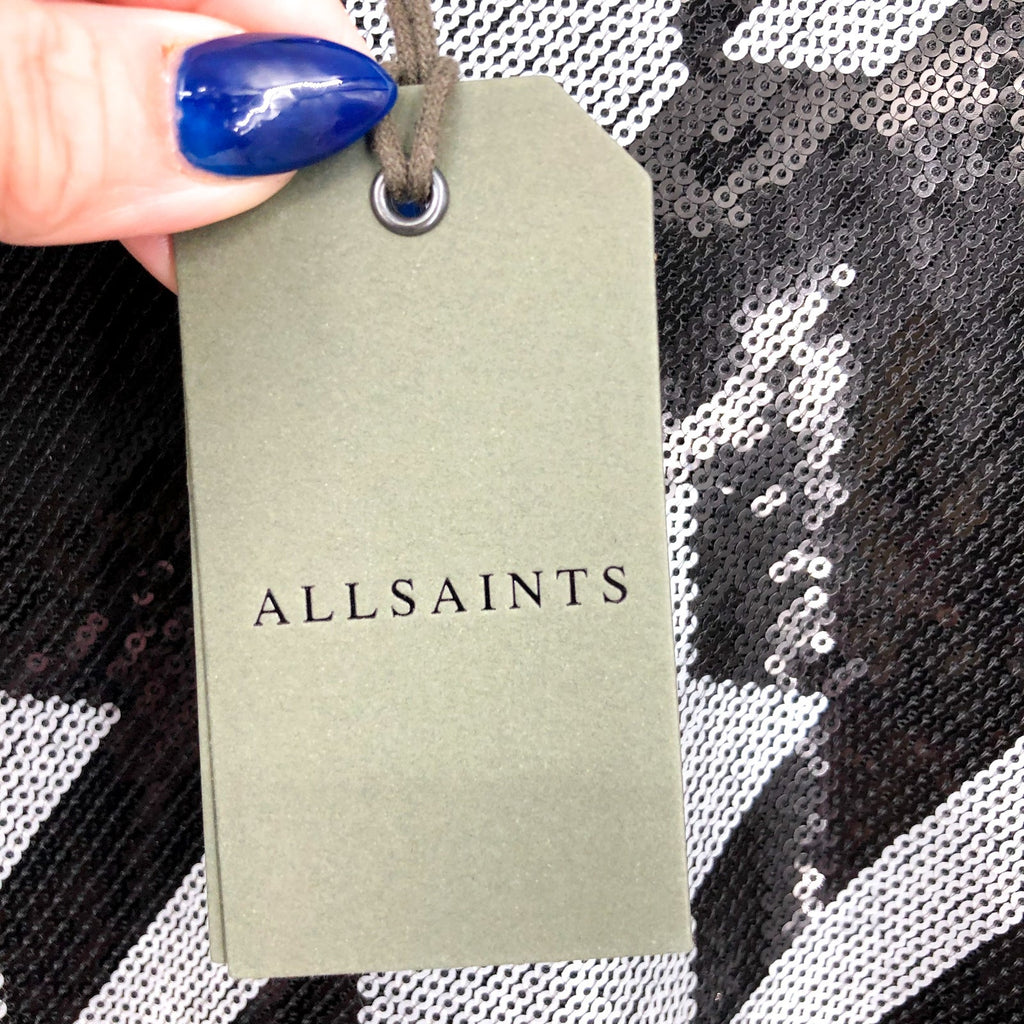 ALLSAINTS Juela Toni Sequin Check Mini Dress Medium Black White Long Sleeve NWT