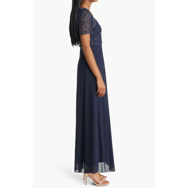 PISARRO NIGHTS Beaded Bodice A-Line Gown Size 12 Navy Blue Short Sleeve NWT