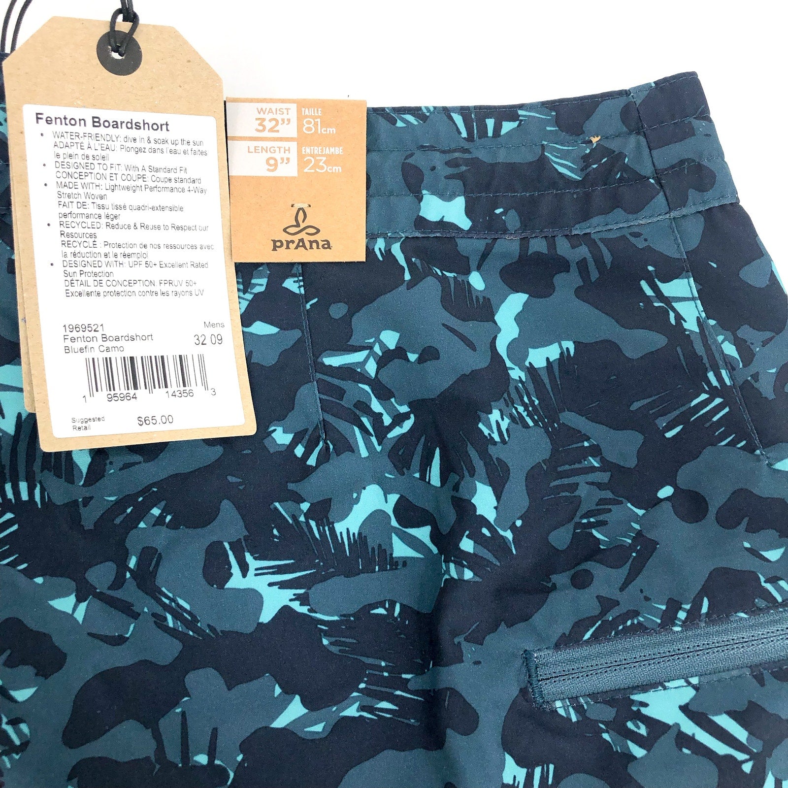 PRANA Mens Fenton Board Shorts Size 32 Medium Bluefin Camo 9" Inseam UPF 50+ NWT