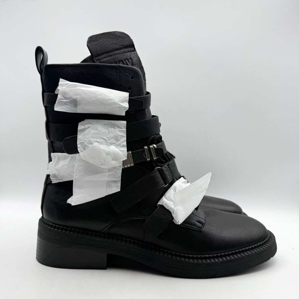 DKNY Womens Ita Buckled Combat Boots US 9.5 EU 40.5 Black Leather NIB