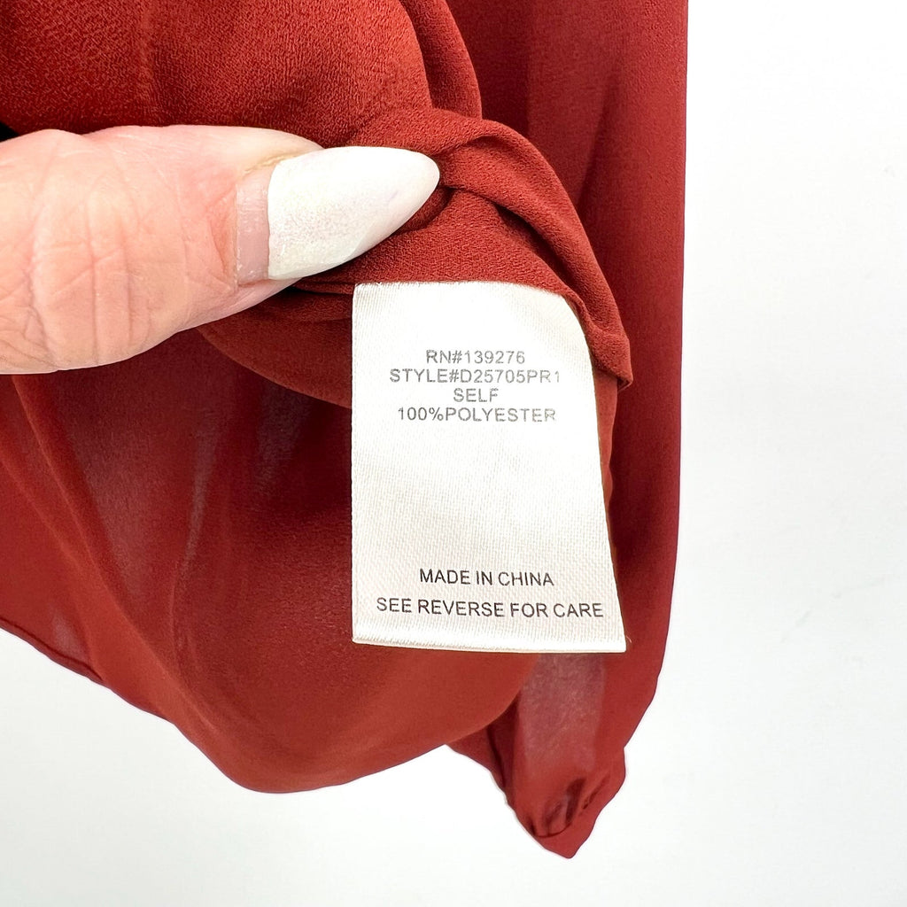 DANIEL RAINN Womens Pleated Palmer Blouse Medium Red Fired Brick Long Sleeve NWT