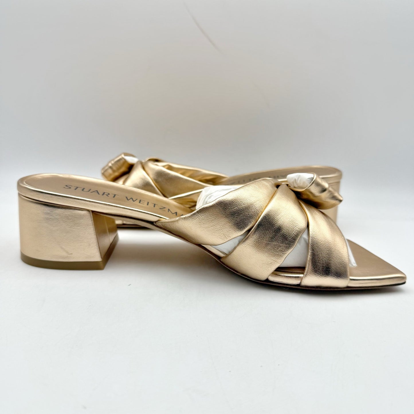 Stuart Weitzman Womens Sofia 45 Slide High Heels US 8.5 M Gold Leather Bow NIB
