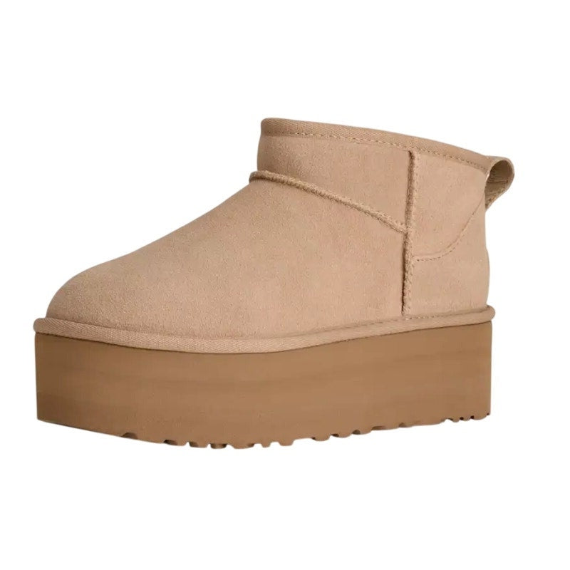 UGG Women Classic Ultra Mini Platform Boot US 5 Sand Suede Fur Plush Lining NWOB