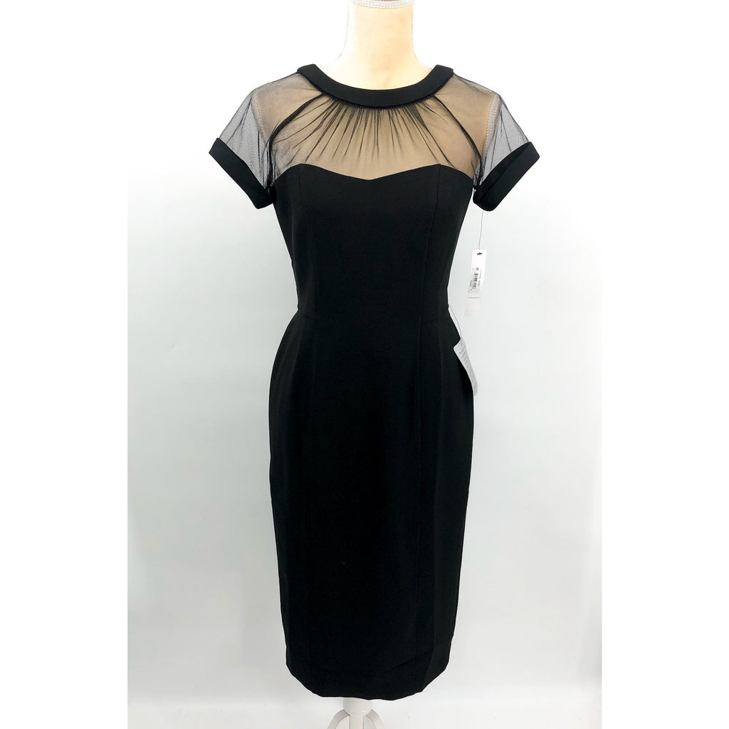 MAGGY LONDON Women's Short Sleeve Illusion Sheath Dress Size 4 Black V Back NWT