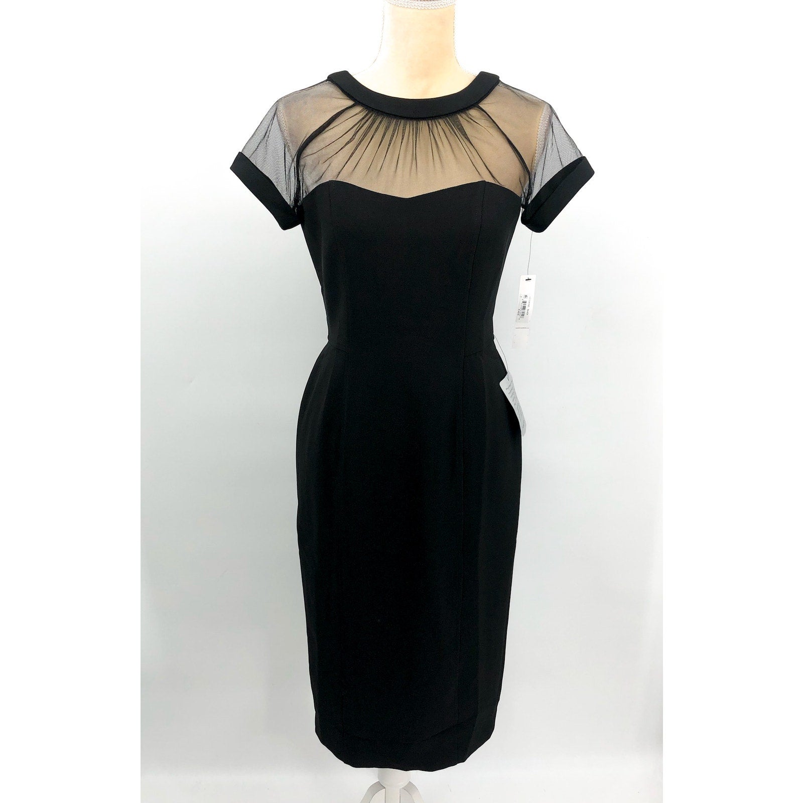 MAGGY LONDON Women's Short Sleeve Illusion Sheath Dress Size 4 Black V Back NWT